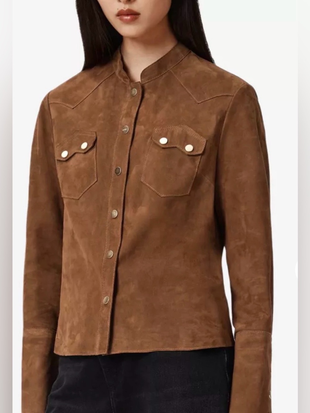 All Saints Rock Grandad-Collar Long-Sleeve Suede Shacket in Brown. US Size 8. NW